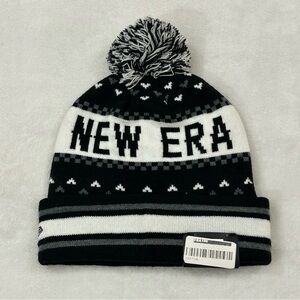 New Era Spell Out w/ Hearts Black Wht Cuffed Knit Pom Pom Winter Beanie Hat Cap